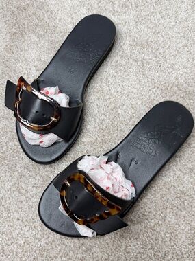 Ancient Greek Aglaia Black Slip On Slide Sandals Tortoise Shell Buckle 36 6